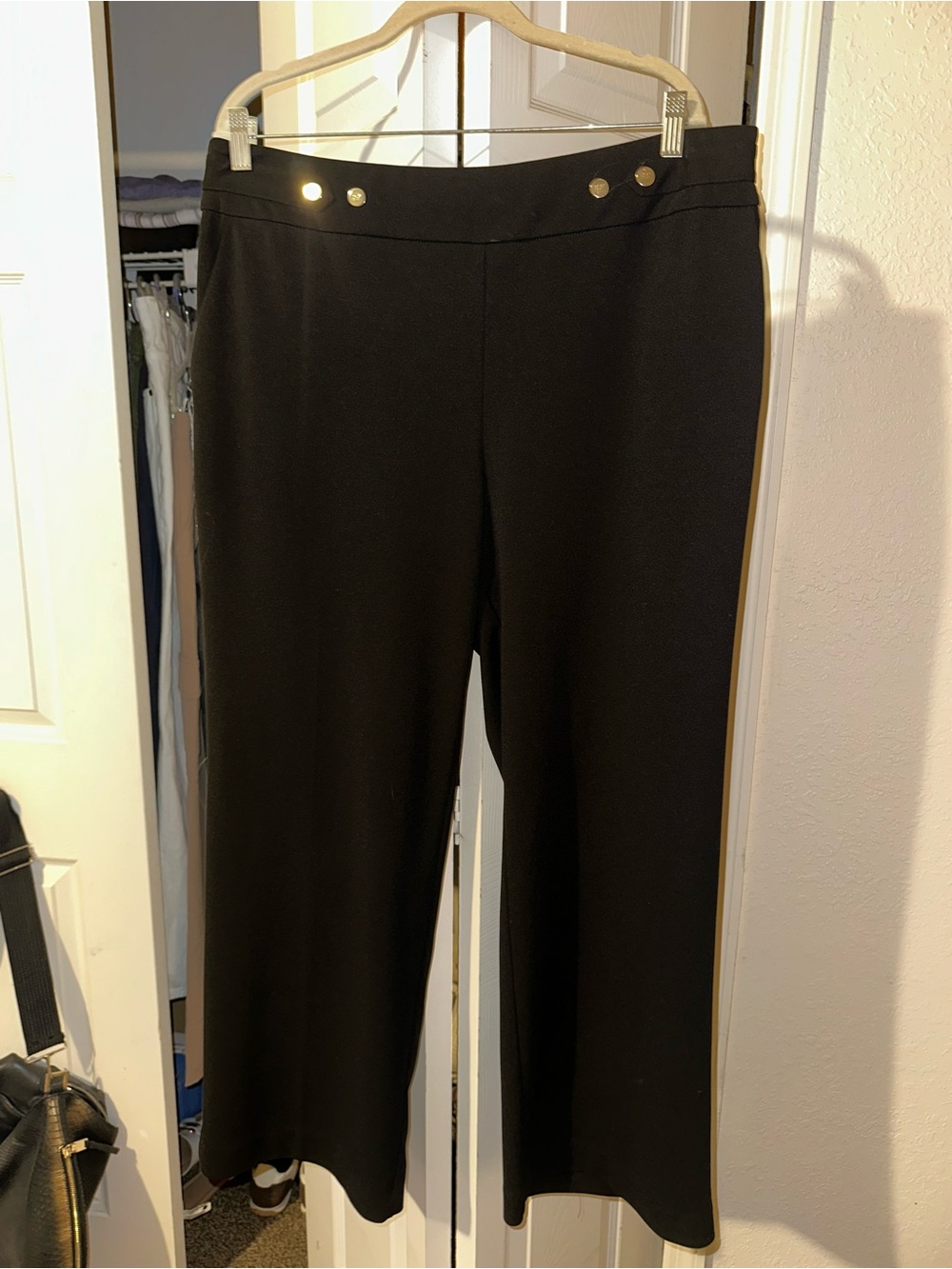 Anne Klein Black Wide-Leg Pants with Gold Button Accents